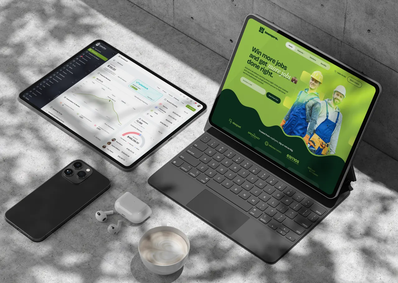 Agriculture services website shown on laptop, tablet, and phone
